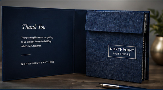 Presentation folio with thank-you panel and fabric pocket