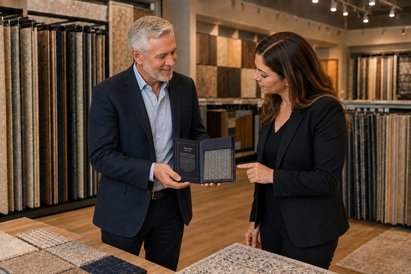 Custom fabric swatch presentation box in a showroom