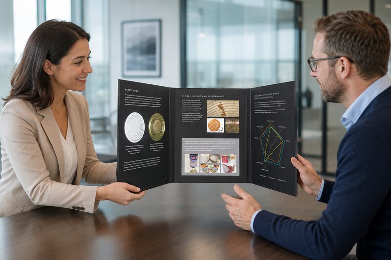 Tri-fold presentation display in a business meeting